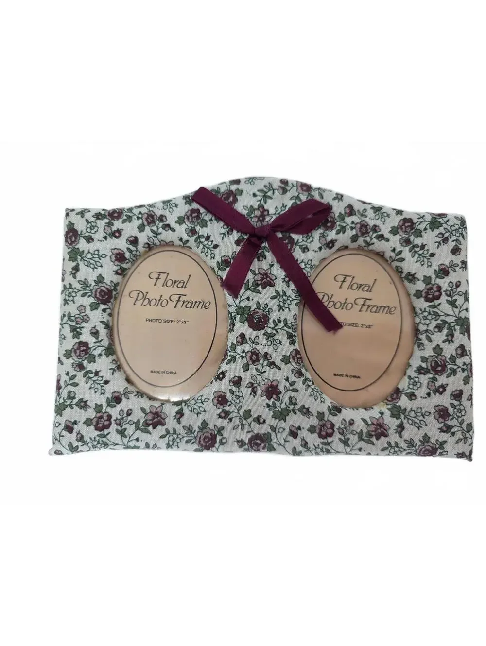 Vintage Floral Fabric Double Oval Photo Frame With Bow CUTE!